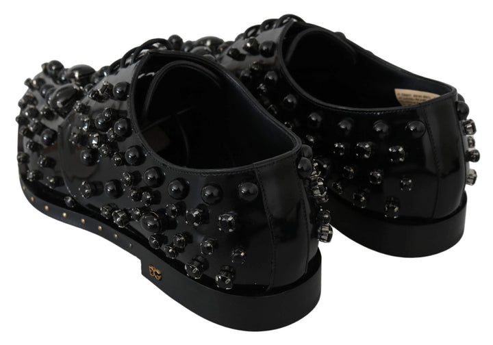 Dolce & Gabbana Black Leather Crystals Dress Broque Shoes #women, Black, Brand_Dolce & Gabbana, Dolce & Gabbana, EU39/US8.5, feed-agegroup-adult, feed-color-black, feed-gender-female, feed-size-US8.5, Flat Shoes - Women - Shoes, Gender_Women, Shoes - New Arrivals at SEYMAYKA