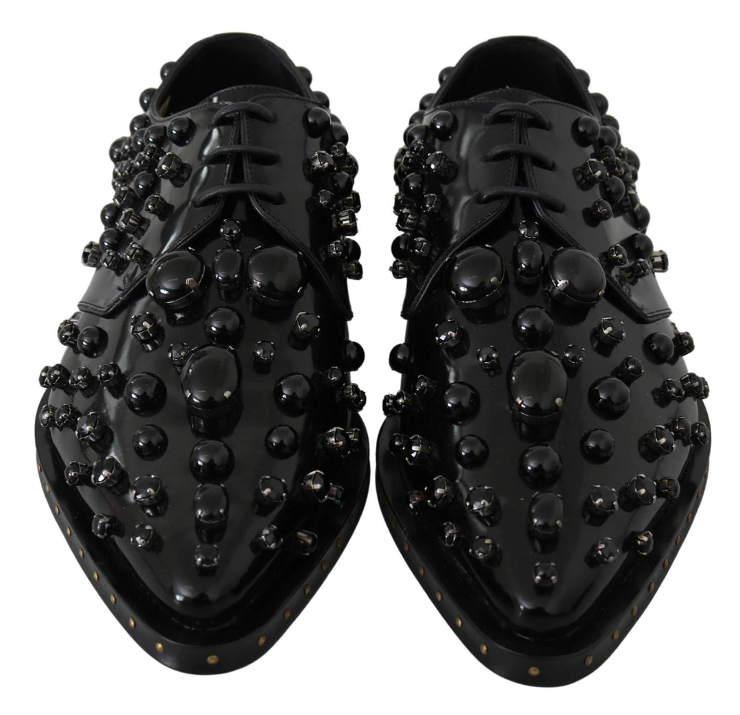 Dolce & Gabbana Black Leather Crystals Dress Broque Shoes #women, Black, Brand_Dolce & Gabbana, Dolce & Gabbana, EU40/US9.5, feed-agegroup-adult, feed-color-black, feed-gender-female, feed-size-US9.5, Flat Shoes - Women - Shoes, Gender_Women, Shoes - New Arrivals at SEYMAYKA