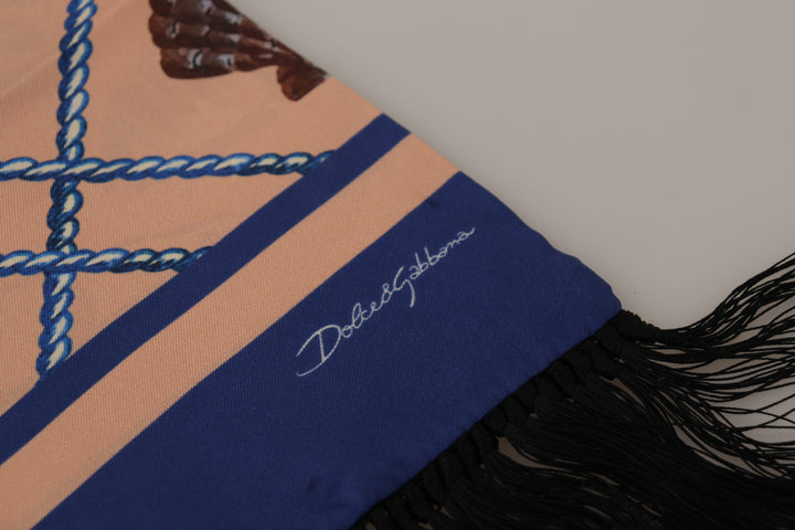Dolce & Gabbana Multicolor Seashell Patterned DG Logo Shawl Fringe Silk Scarf