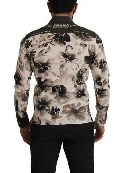 Dolce & Gabbana Green Beige Floral Cotton Stretch Exclusive Shirt