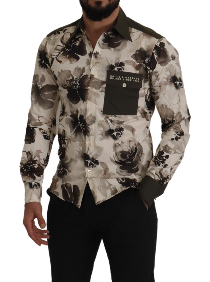 Dolce & Gabbana Green Beige Floral Cotton Stretch Exclusive Shirt