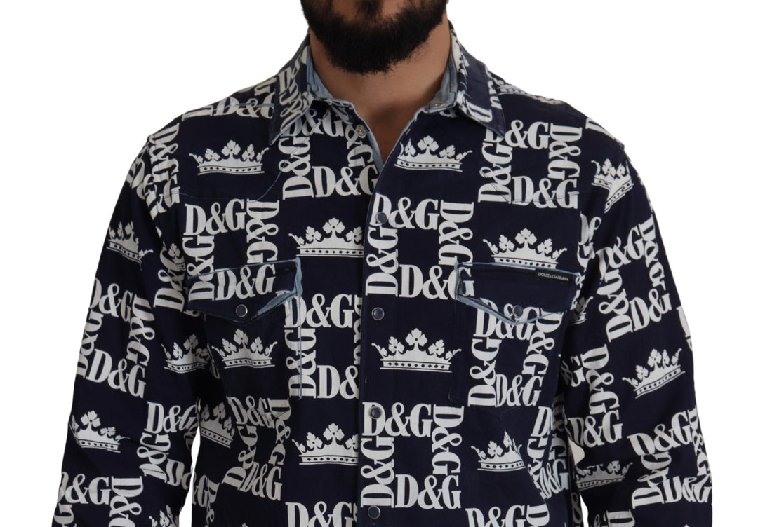 Dolce & Gabbana Blue Denim Stretch DG Crown Logo Casual Shirt