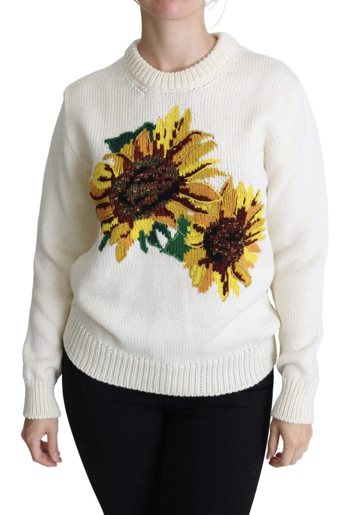 Dolce & Gabbana White Floral Wool Pullover Sunflower Sweater #women, Brand_Dolce & Gabbana, Dolce & Gabbana, feed-agegroup-adult, feed-color-white, feed-gender-female, feed-size-IT36 | XS, Gender_Women, IT36 | XS, Sweaters - Women - Clothing, White, Women - New Arrivals at SEYMAYKA