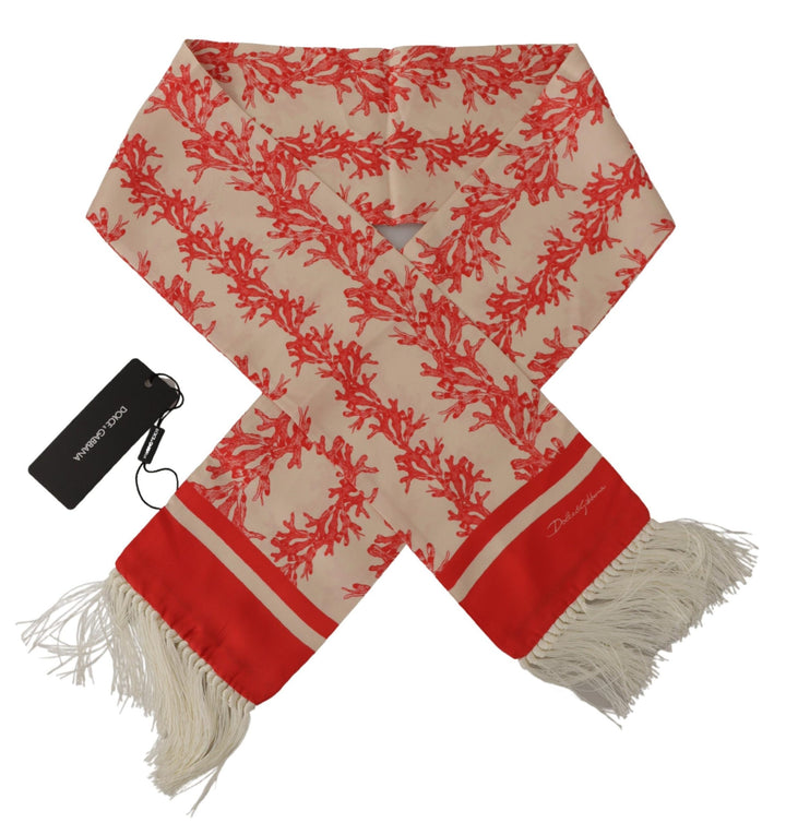 Dolce & Gabbana White Red Coral Print Shawl Wrap Fringe Scarf