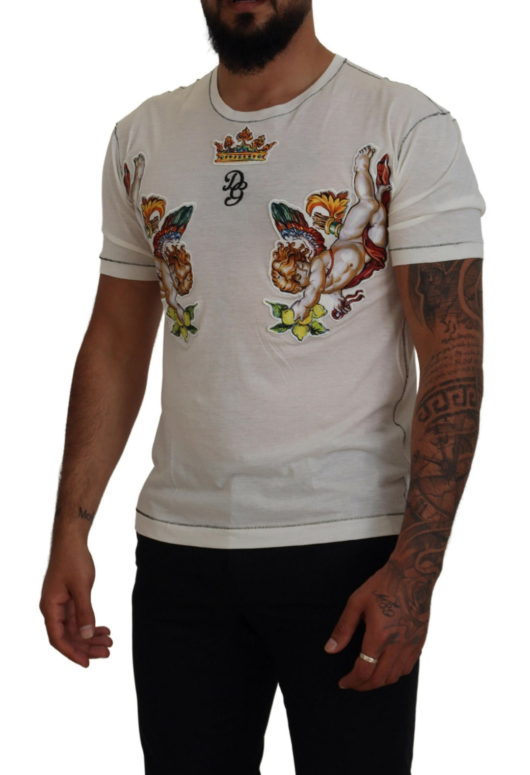 Dolce & Gabbana White Printed Short Sleeves Men T-shirt