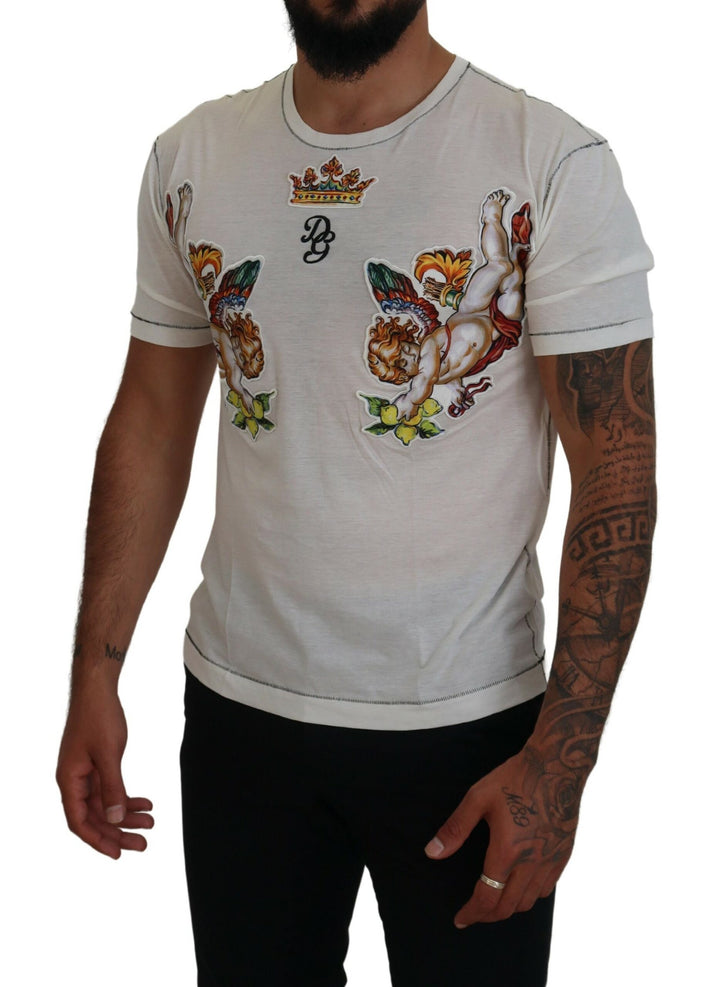 Dolce & Gabbana White Printed Short Sleeves Men T-shirt