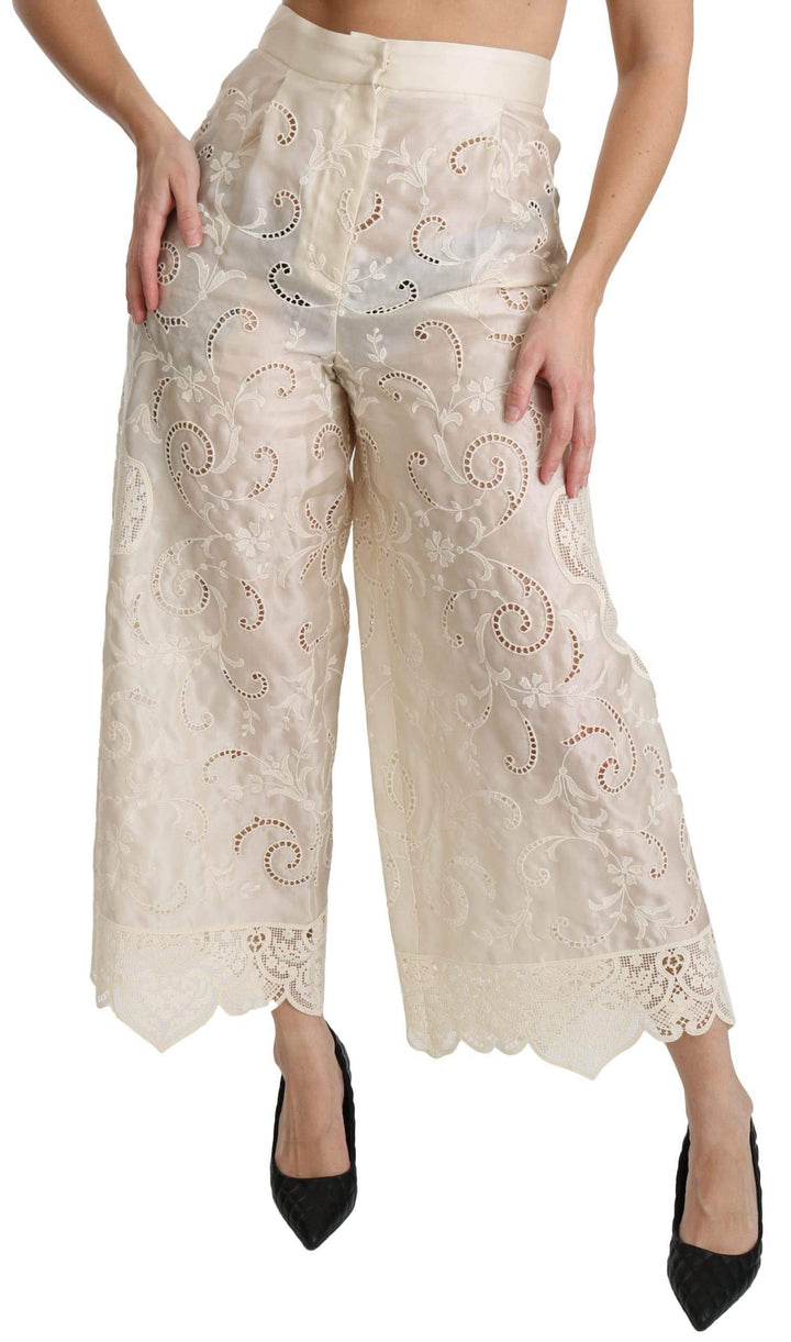 Dolce & Gabbana  Cream Lace High Waist Palazzo Cropped Pants #women, Brand_Dolce & Gabbana, Catch, Cream, Dolce & Gabbana, feed-agegroup-adult, feed-color-cream, feed-gender-female, feed-size-IT44|L, Gender_Women, IT44|L, Jeans & Pants - Women - Clothing, Kogan, Women - New Arrivals at SEYMAYKA