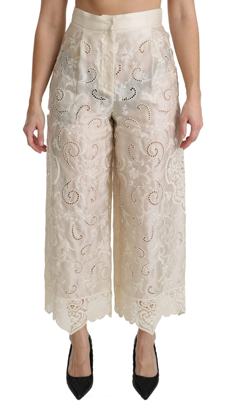 Dolce & Gabbana  Cream Lace High Waist Palazzo Cropped Pants #women, Brand_Dolce & Gabbana, Catch, Cream, Dolce & Gabbana, feed-agegroup-adult, feed-color-cream, feed-gender-female, feed-size-IT44|L, Gender_Women, IT44|L, Jeans & Pants - Women - Clothing, Kogan, Women - New Arrivals at SEYMAYKA