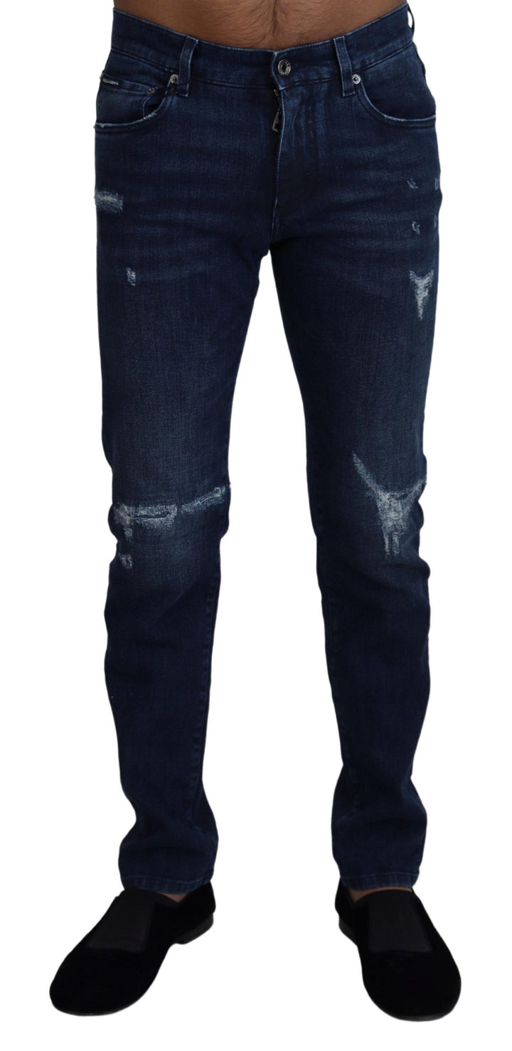 Dolce & Gabbana Blue Cotton Skinny Tattered Denim Jeans