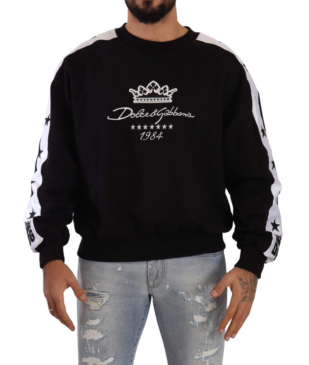 Dolce & Gabbana Black Cotton Crewneck Crown 1984 Stars Pullover Black #men, Black, Dolce & Gabbana, feed-1, M, S, Sweaters - Men - Clothing, XS at SEYMAYKA