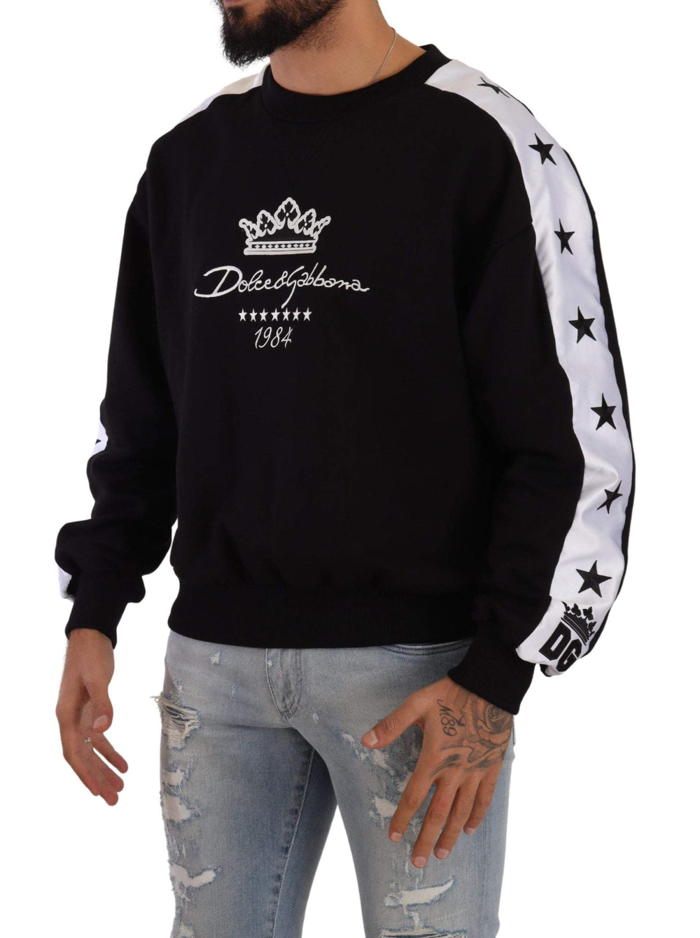Dolce & Gabbana Black Cotton Crewneck Crown 1984 Stars Pullover Black #men, Black, Dolce & Gabbana, feed-1, M, S, Sweaters - Men - Clothing, XS at SEYMAYKA