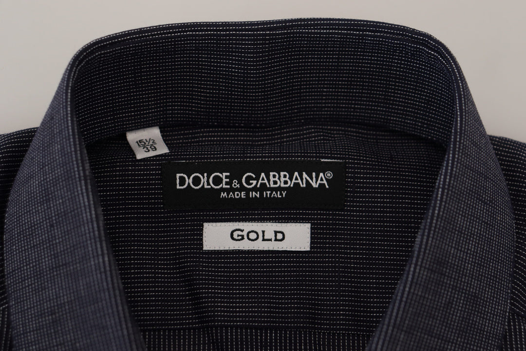 Dolce & Gabbana Dark Blue Stripe Flax Dress Formal GOLD Shirt