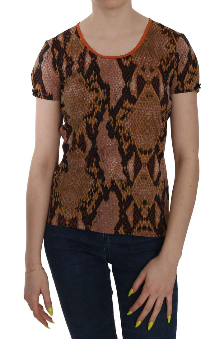 Just Cavalli Snake Skin Print Short Sleeve Top T-shirt #women, Brown, feed-agegroup-adult, feed-color-brown, feed-gender-female, IT44 | M, IT46 | L, Just Cavalli, Tops & T-Shirts - Women - Clothing, Women - New Arrivals at SEYMAYKA