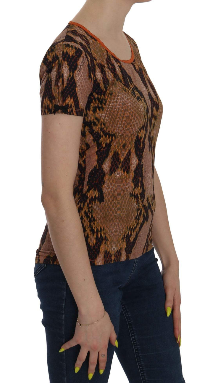 Just Cavalli Snake Skin Print Short Sleeve Top T-shirt #women, Brown, feed-agegroup-adult, feed-color-brown, feed-gender-female, IT44 | M, IT46 | L, Just Cavalli, Tops & T-Shirts - Women - Clothing, Women - New Arrivals at SEYMAYKA