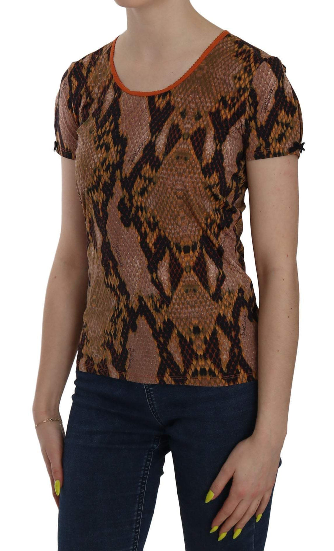 Just Cavalli Snake Skin Print Short Sleeve Top T-shirt #women, Brown, feed-agegroup-adult, feed-color-brown, feed-gender-female, IT44 | M, IT46 | L, Just Cavalli, Tops & T-Shirts - Women - Clothing, Women - New Arrivals at SEYMAYKA