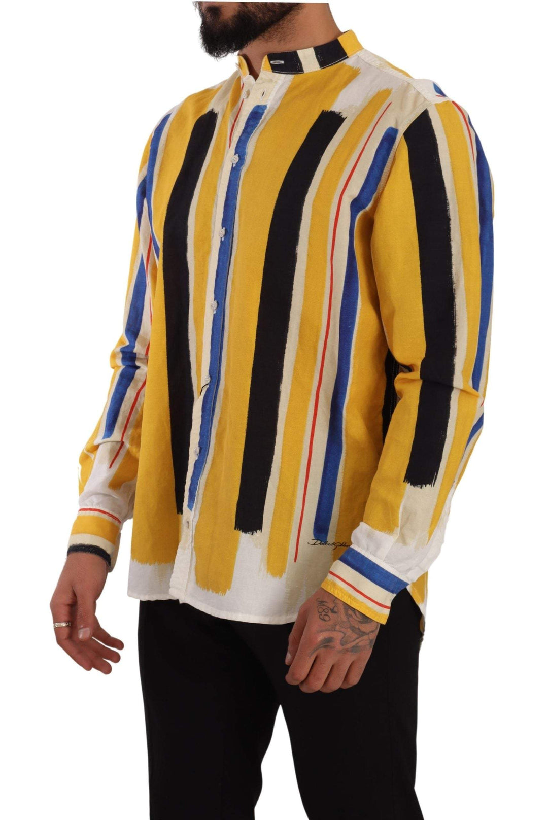 Dolce & Gabbana Yellow Striped Henley Linen Cotton Shirt #men, Dolce & Gabbana, feed-1, IT40 | M, Shirts - Men - Clothing, Yellow at SEYMAYKA