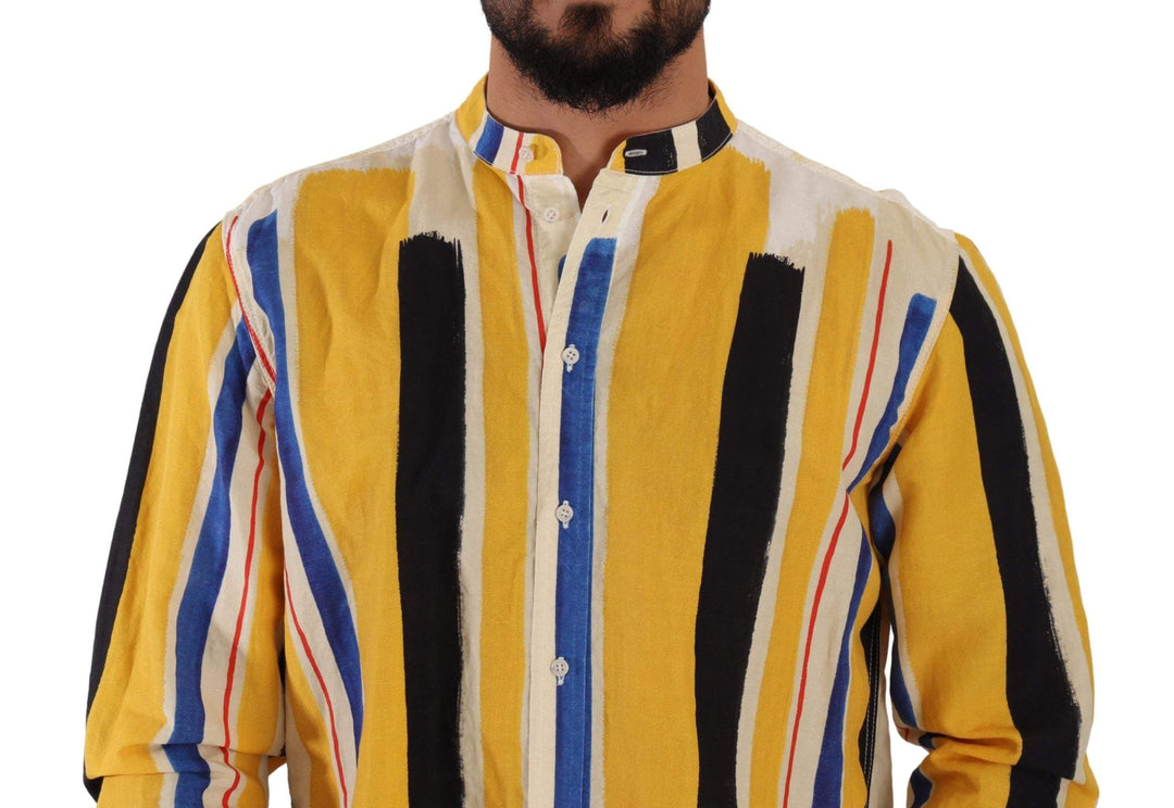 Dolce & Gabbana Yellow Striped Henley Linen Cotton Shirt #men, Dolce & Gabbana, feed-1, IT40 | M, Shirts - Men - Clothing, Yellow at SEYMAYKA