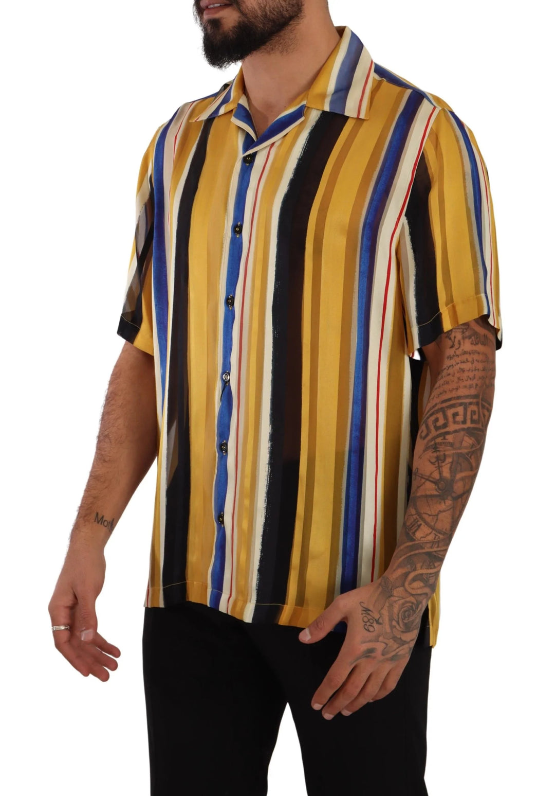 Dolce & Gabbana Yellow Striped Short Sleeve Silk Shirt #men, Dolce & Gabbana, feed-1, IT40 | M, Shirts - Men - Clothing, Yellow at SEYMAYKA