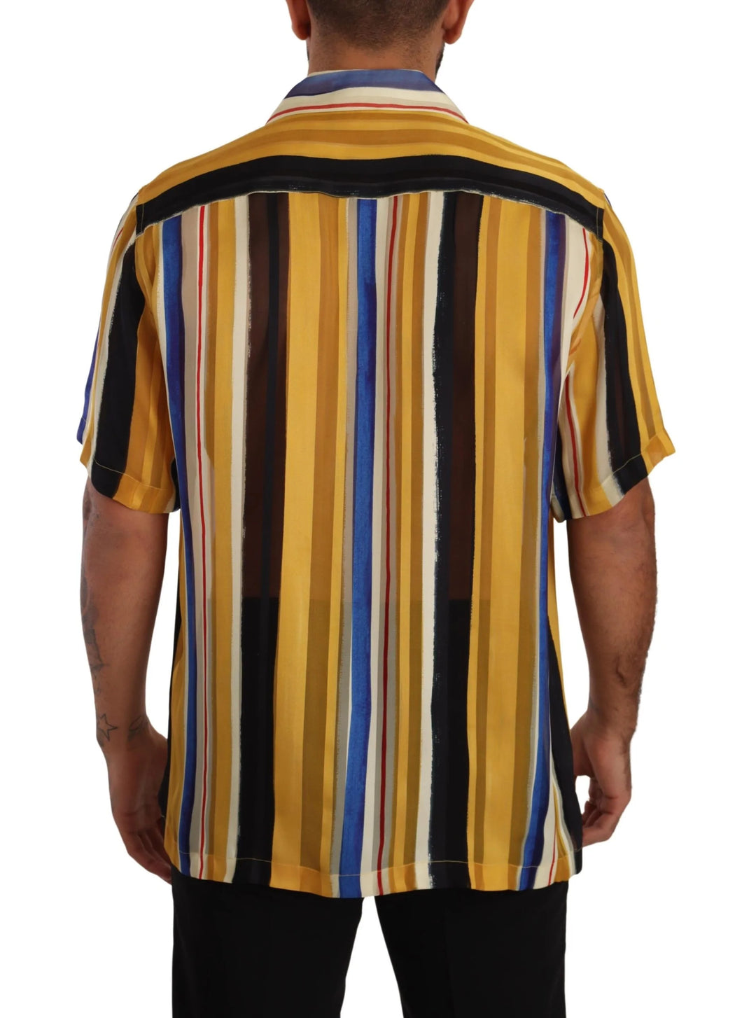 Dolce & Gabbana Yellow Striped Short Sleeve Silk Shirt #men, Dolce & Gabbana, feed-1, IT40 | M, Shirts - Men - Clothing, Yellow at SEYMAYKA