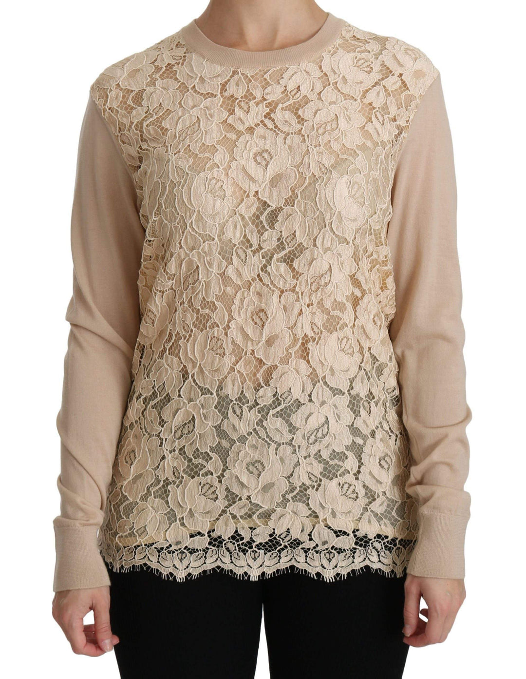 Dolce & Gabbana  Beige Lace Long Sleeve Top Cashmere Blouse #women, Beige, Brand_Dolce & Gabbana, Catch, Dolce & Gabbana, feed-agegroup-adult, feed-color-beige, feed-gender-female, feed-size-IT38|XS, Gender_Women, IT38|XS, Kogan, Tops & T-Shirts - Women - Clothing, Women - New Arrivals at SEYMAYKA