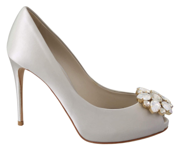 Dolce & Gabbana White Crystals Peep Toe Heels Satin Pumps Shoes #women, Brand_Dolce & Gabbana, Dolce & Gabbana, EU35/US4.5, feed-agegroup-adult, feed-color-white, feed-gender-female, feed-size-US4.5, Gender_Women, Pumps - Women - Shoes, Shoes - New Arrivals, White at SEYMAYKA