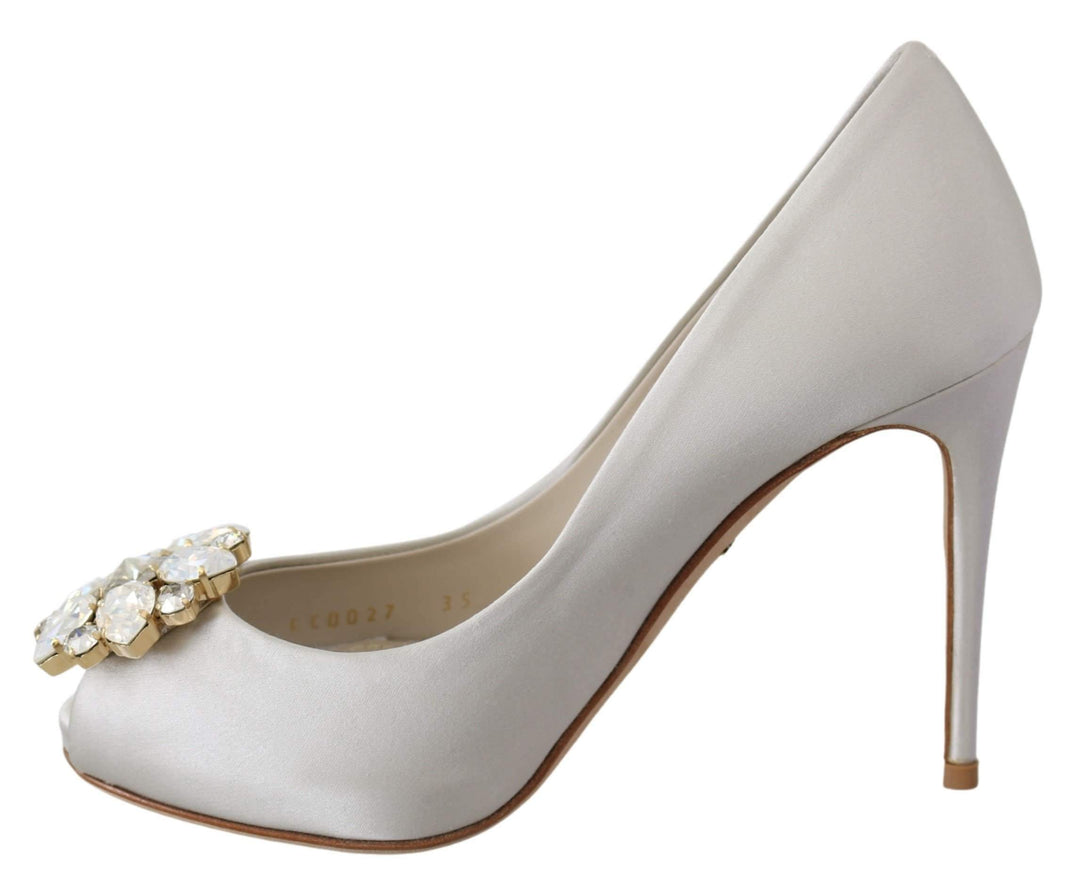 Dolce & Gabbana White Crystals Peep Toe Heels Satin Pumps Shoes #women, Brand_Dolce & Gabbana, Dolce & Gabbana, EU35/US4.5, feed-agegroup-adult, feed-color-white, feed-gender-female, feed-size-US4.5, Gender_Women, Pumps - Women - Shoes, Shoes - New Arrivals, White at SEYMAYKA