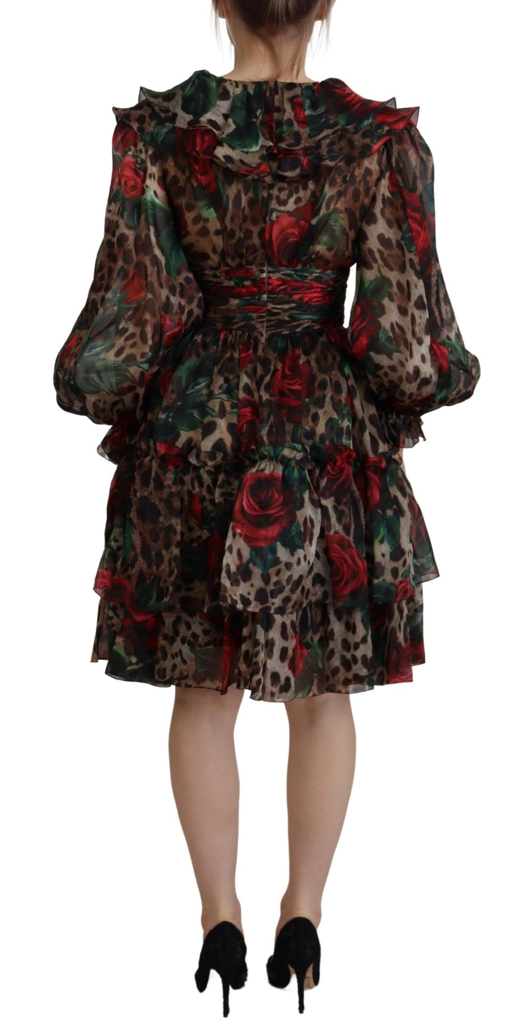 Dolce & Gabbana Brown Leopard Roses Silk Ruffled Gown Dress