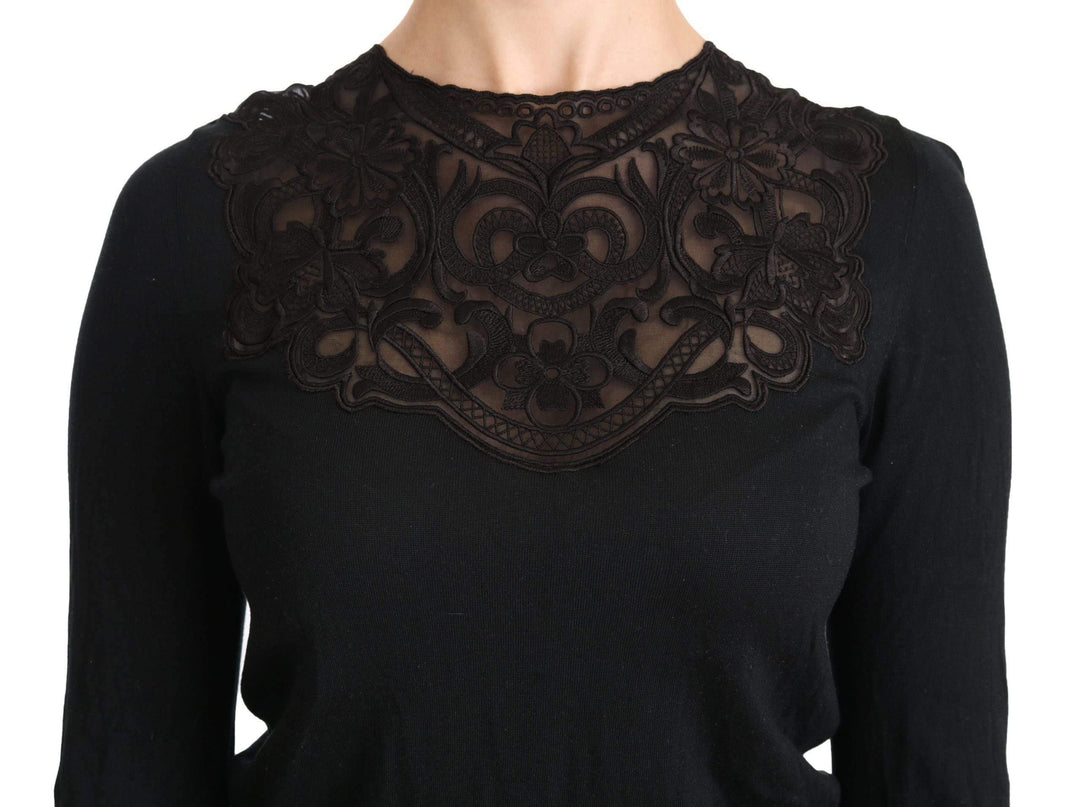 Dolce & Gabbana  Black Silk Lace Crew Neck Long Sleeve Blouse #women, Black, Brand_Dolce & Gabbana, Catch, Dolce & Gabbana, feed-agegroup-adult, feed-color-black, feed-gender-female, feed-size-IT40|S, Gender_Women, IT40|S, Kogan, Sweaters - Women - Clothing, Women - New Arrivals at SEYMAYKA