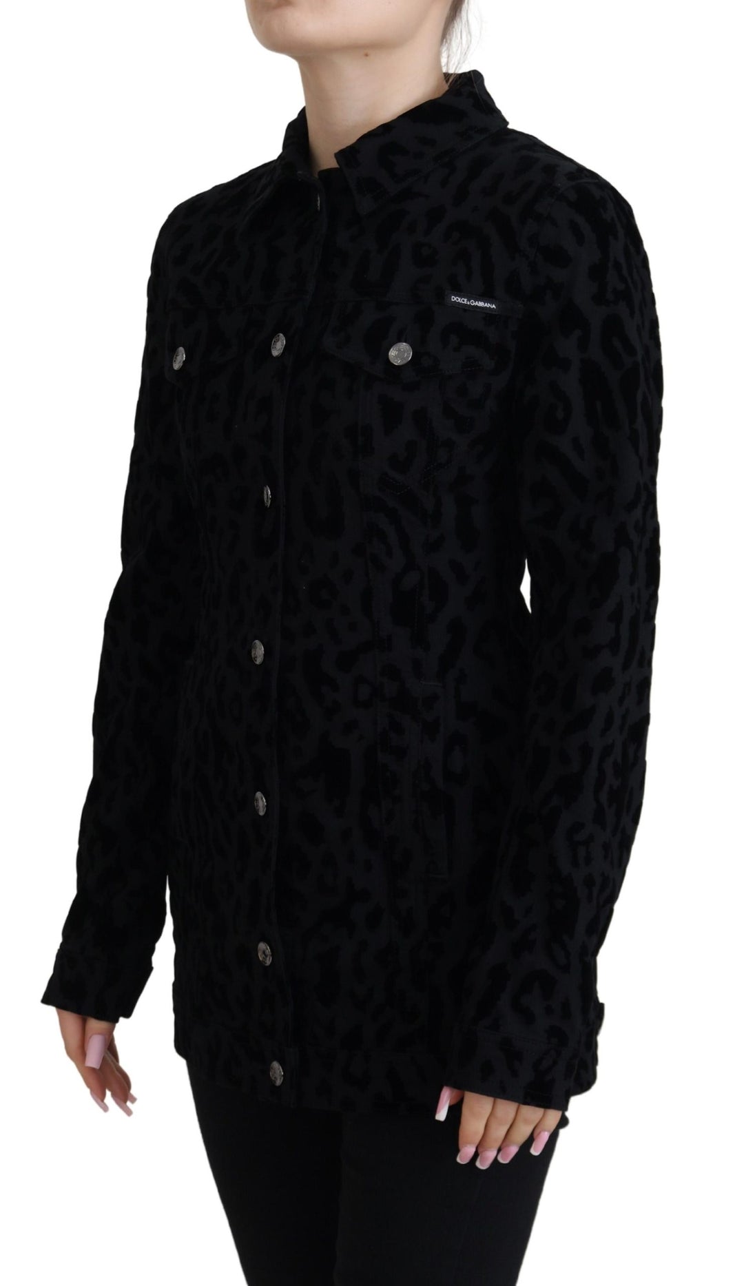 Dolce & Gabbana Black Leopard Long Sleeve Denim Cotton Jacket