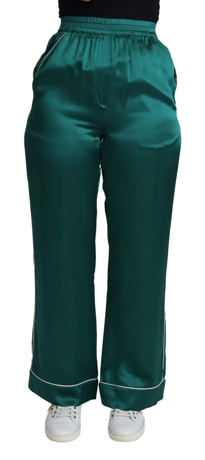 Dolce & Gabbana Green High Waist Pajama Trouser Silk Pant #women, Dolce & Gabbana, feed-agegroup-adult, feed-color-Green, feed-gender-female, Green, IT36 | XS, Jeans & Pants - Women - Clothing, Women - New Arrivals at SEYMAYKA