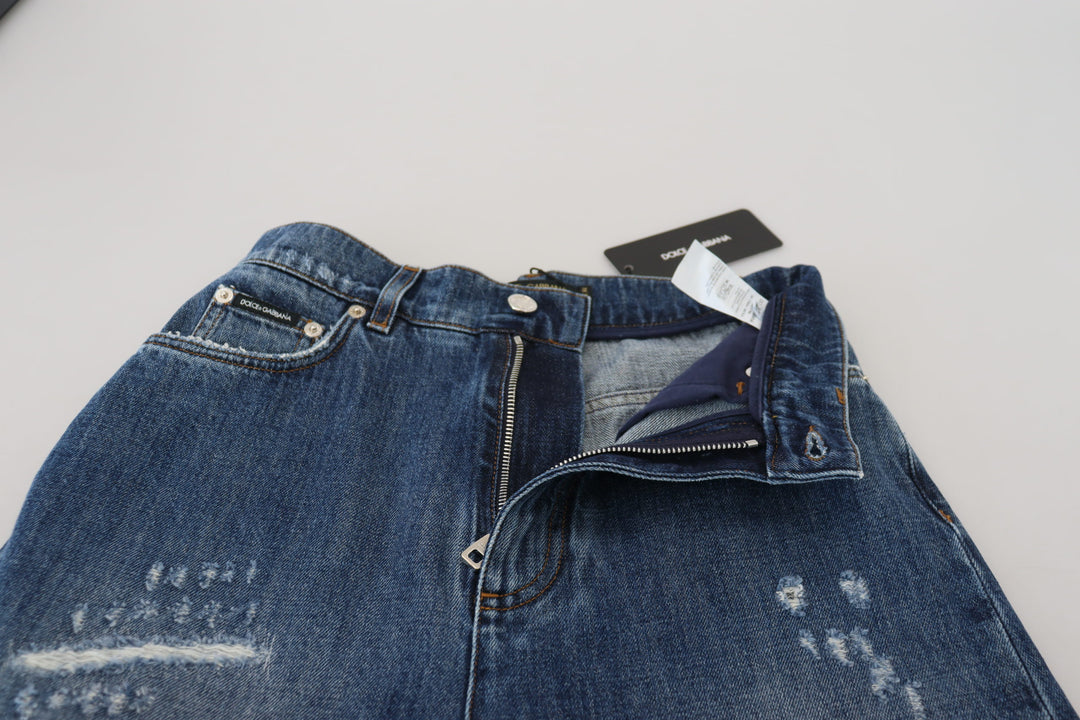 Dolce & Gabbana Blue Washed Cotton Tattered Denim Jeans