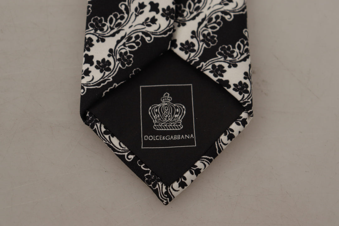 Dolce & Gabbana Black White Flower 100% Silk Print Adjustable Accessory Tie