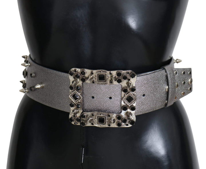 Dolce & Gabbana Silver Leather Crystal Stud Logo Buckle Belt 70 cm / 28 Inches, Accessories - New Arrivals, Belts - Women - Accessories, Dolce & Gabbana, feed-1, Silver at SEYMAYKA