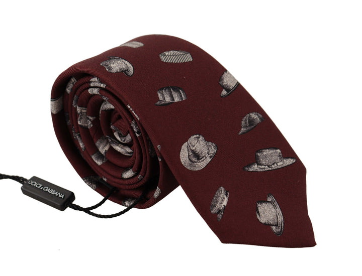 Dolce & Gabbana Maroon Hat Pattern 100% Silk Adjustable Accessory Tie