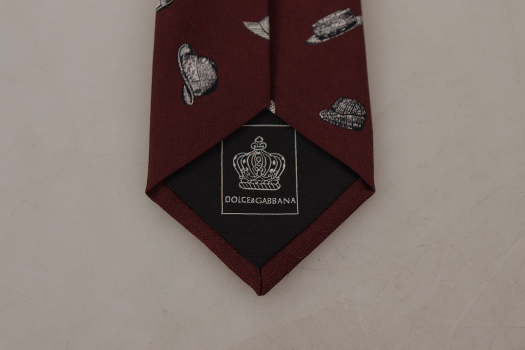 Dolce & Gabbana Maroon Hat Pattern 100% Silk Adjustable Accessory Tie