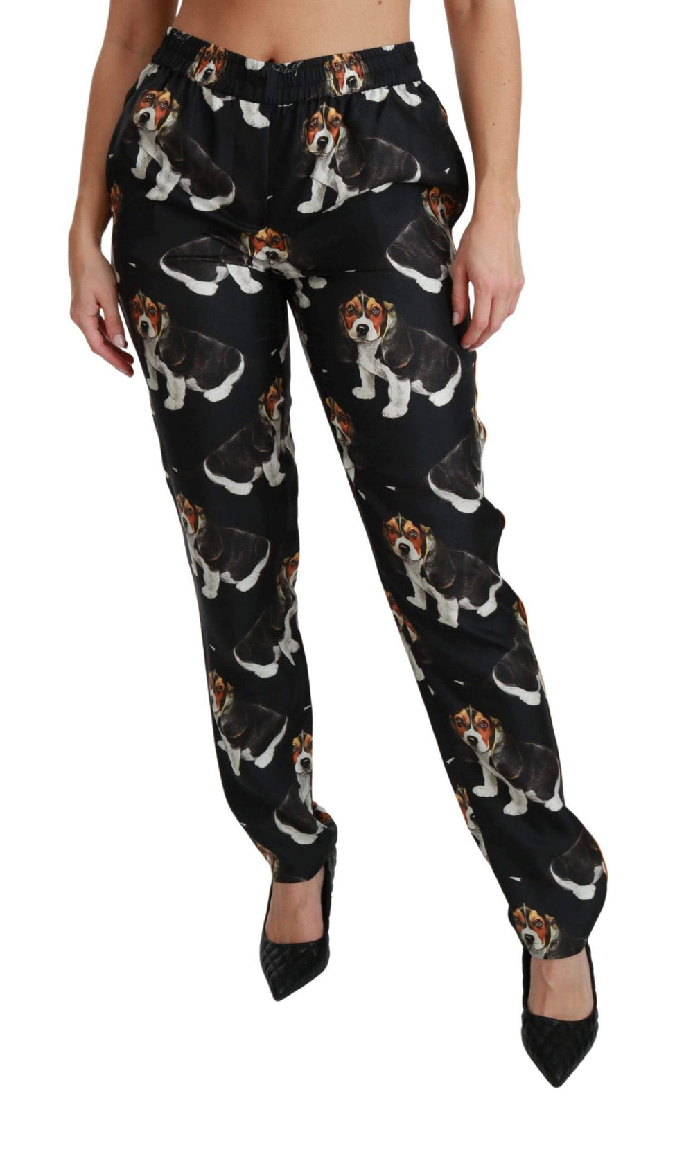 Dolce & Gabbana  Black Puppy Dog Mid Waist Skinny Silk Pants #women, Black, Brand_Dolce & Gabbana, Catch, Dolce & Gabbana, feed-agegroup-adult, feed-color-black, feed-gender-female, feed-size-IT38|XS, feed-size-IT40|S, feed-size-IT42|M, Gender_Women, IT38|XS, IT40|S, IT42|M, Jeans & Pants - Women - Clothing, Kogan, Women - New Arrivals at SEYMAYKA