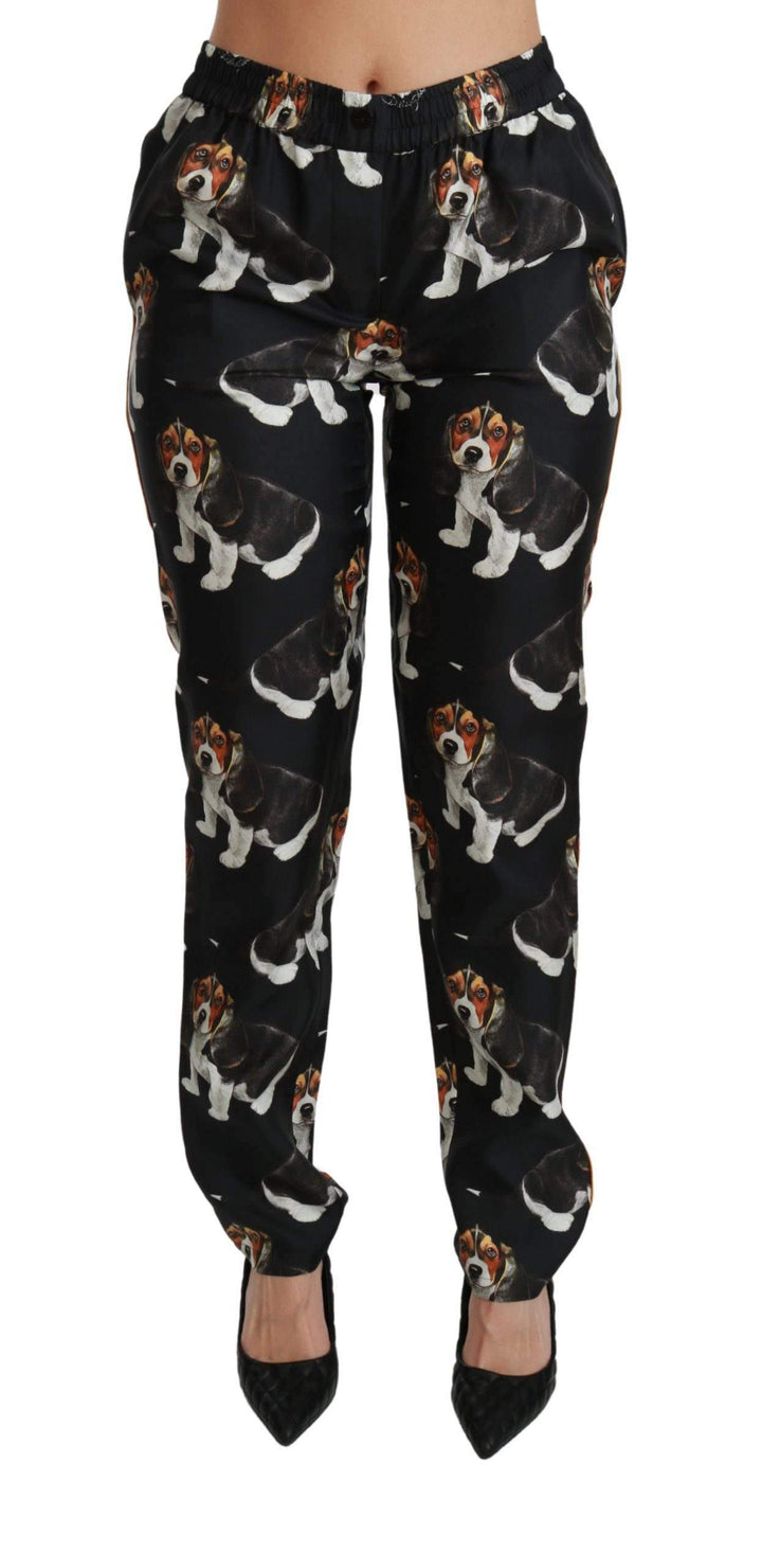 Dolce & Gabbana  Black Puppy Dog Mid Waist Skinny Silk Pants #women, Black, Brand_Dolce & Gabbana, Catch, Dolce & Gabbana, feed-agegroup-adult, feed-color-black, feed-gender-female, feed-size-IT38|XS, feed-size-IT40|S, feed-size-IT42|M, Gender_Women, IT38|XS, IT40|S, IT42|M, Jeans & Pants - Women - Clothing, Kogan, Women - New Arrivals at SEYMAYKA