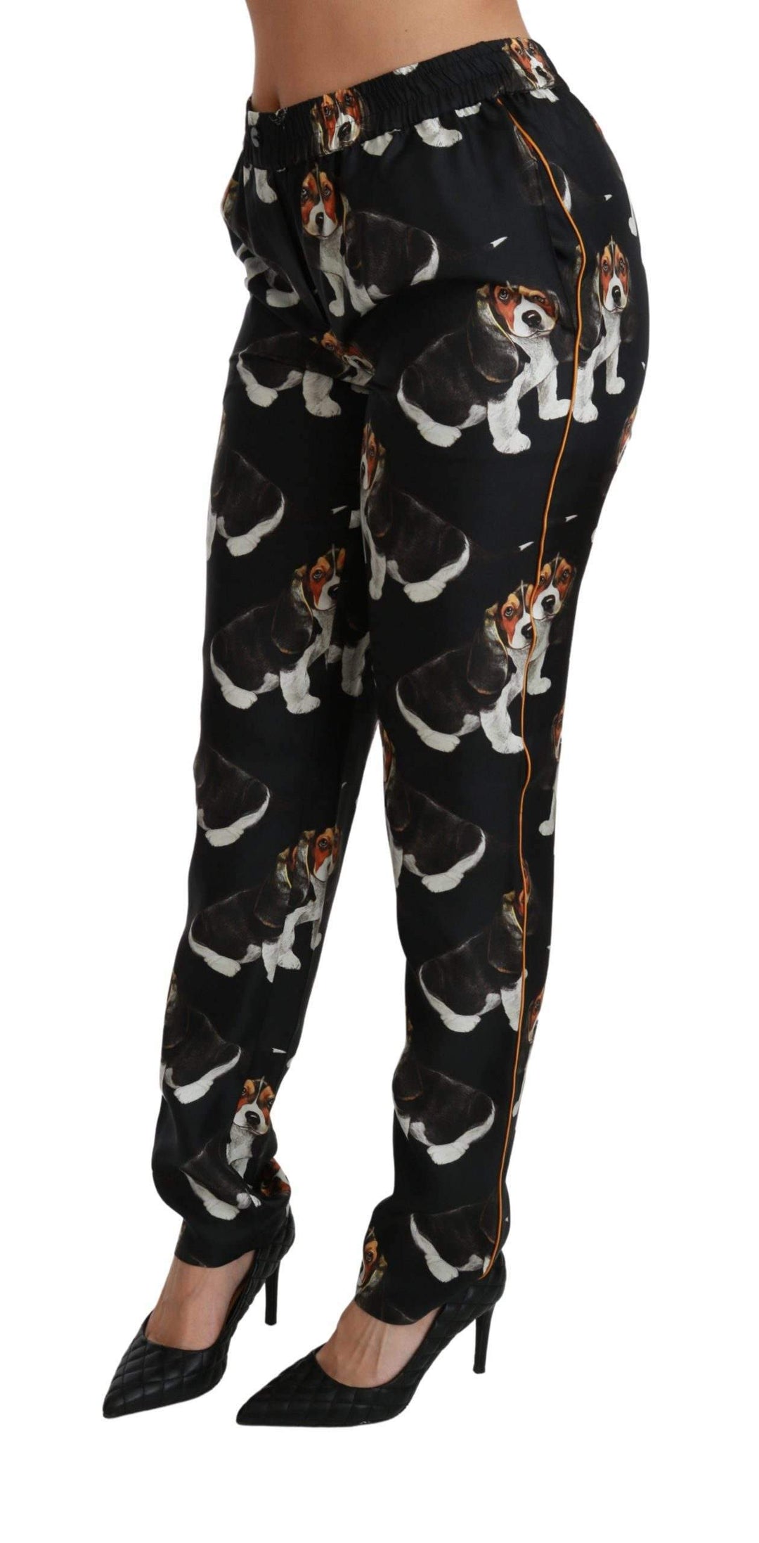 Dolce & Gabbana  Black Puppy Dog Mid Waist Skinny Silk Pants #women, Black, Brand_Dolce & Gabbana, Catch, Dolce & Gabbana, feed-agegroup-adult, feed-color-black, feed-gender-female, feed-size-IT38|XS, feed-size-IT40|S, feed-size-IT42|M, Gender_Women, IT38|XS, IT40|S, IT42|M, Jeans & Pants - Women - Clothing, Kogan, Women - New Arrivals at SEYMAYKA