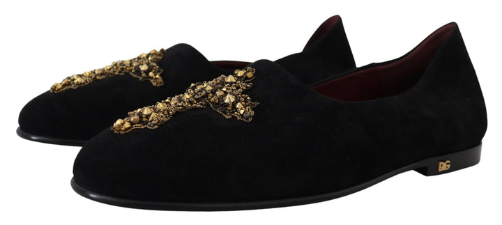 Black Suede Gold Cross Slip On Loafers Shoes