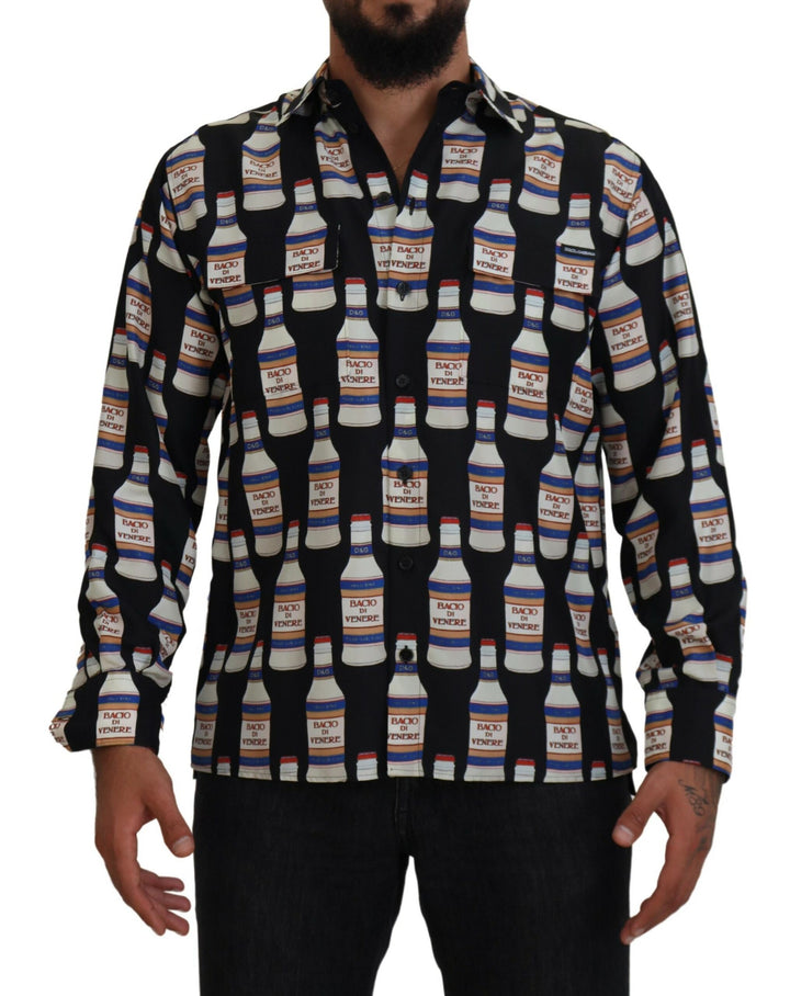 Dolce & Gabbana Black Silk Printed Collared Men Casual Shirt