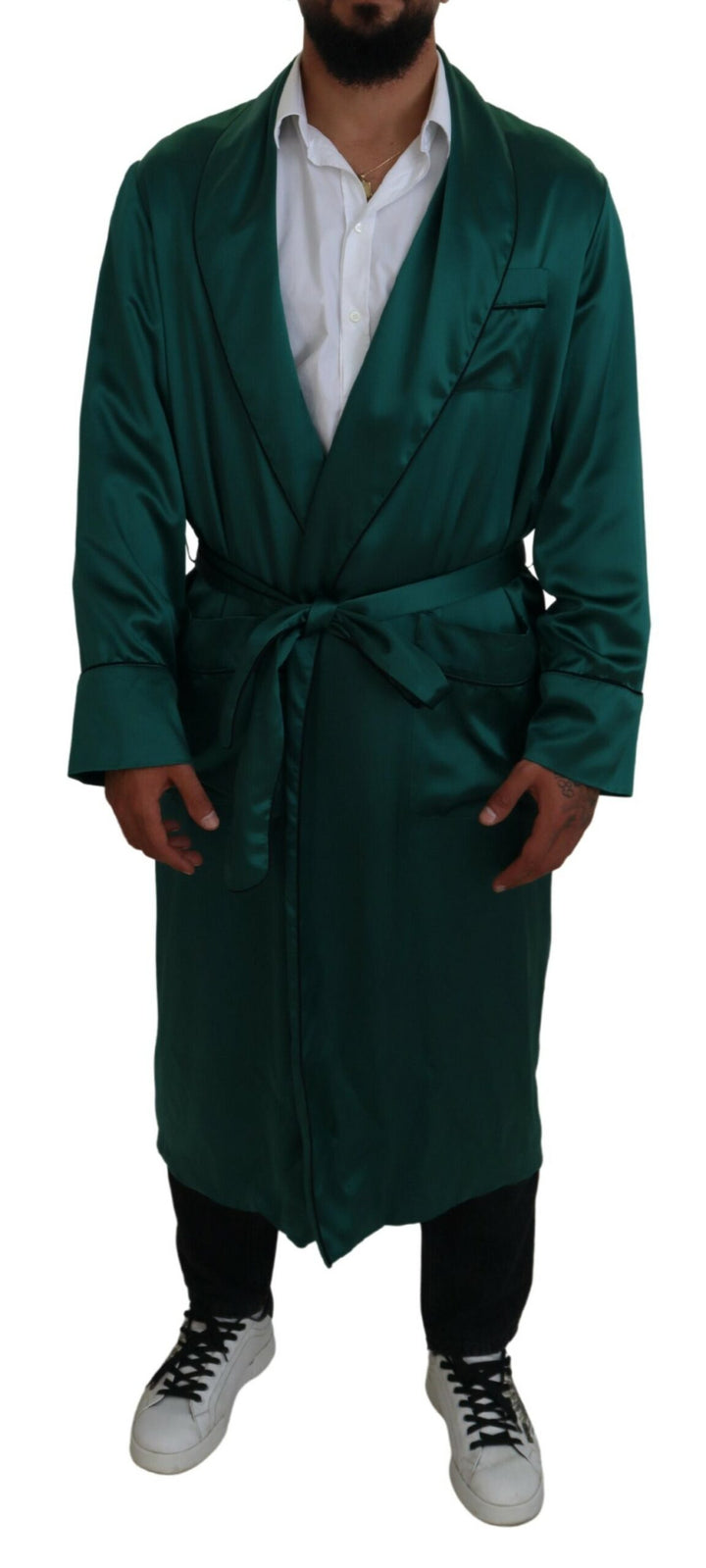 Dolce & Gabbana Green Silk Waist Belt Robe Sleepwear