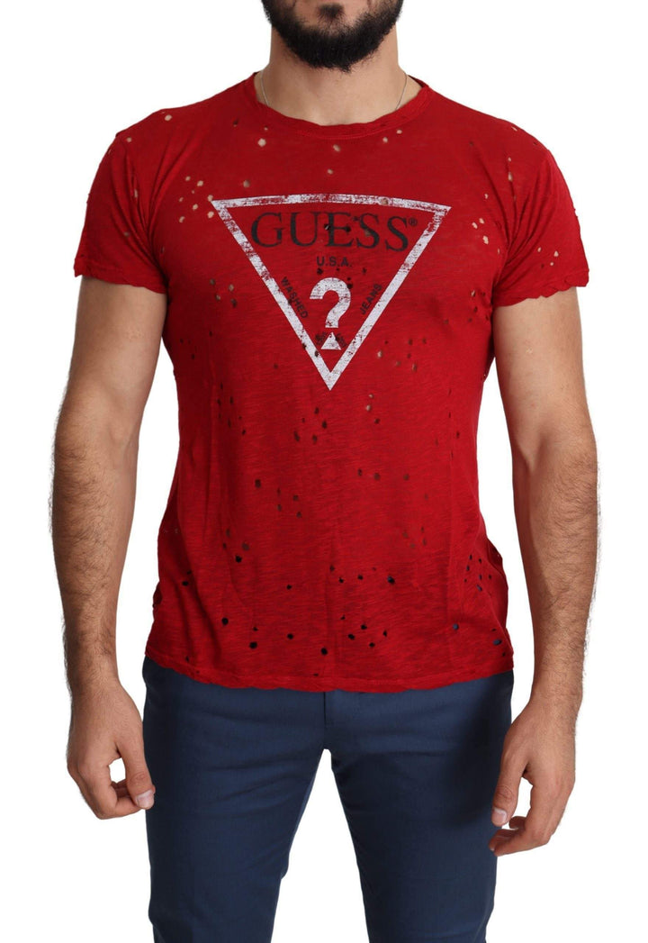 Guess Red Cotton Logo Print Men Casual Top Perforated T-shirt #men, feed-agegroup-adult, feed-color-red, feed-gender-male, feed-size-L, feed-size-XL, feed-size-XXL, Gender_Men, Guess, L, Men - New Arrivals, Red, T-shirts - Men - Clothing, XL, XXL at SEYMAYKA