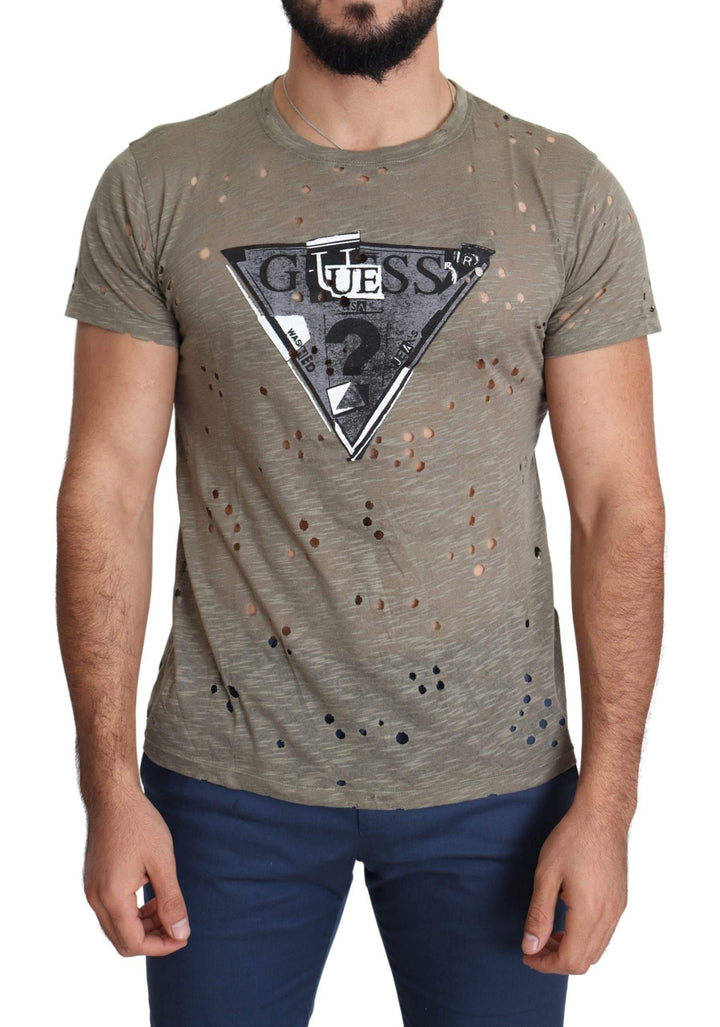 Guess Brown Cotton Stretch Logo Print Men Casual Perforated T-shirt #men, Brown, feed-agegroup-adult, feed-color-brown, feed-gender-male, feed-size-M, feed-size-XL, Gender_Men, Guess, M, Men - New Arrivals, T-shirts - Men - Clothing, XL at SEYMAYKA