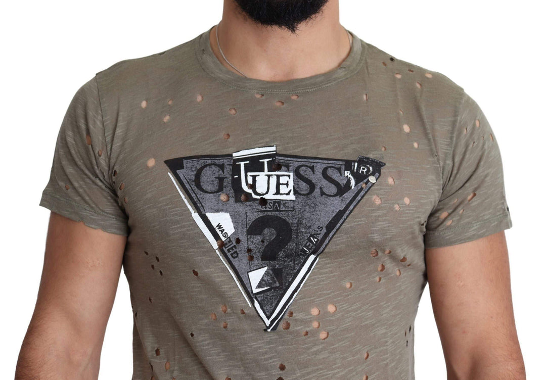 Guess Brown Cotton Stretch Logo Print Men Casual Perforated T-shirt #men, Brown, feed-agegroup-adult, feed-color-brown, feed-gender-male, feed-size-M, feed-size-XL, Gender_Men, Guess, M, Men - New Arrivals, T-shirts - Men - Clothing, XL at SEYMAYKA