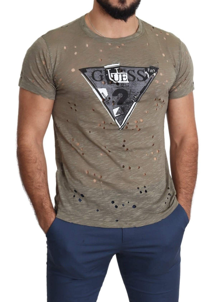 Guess Brown Cotton Stretch Logo Print Men Casual Perforated T-shirt #men, Brown, feed-agegroup-adult, feed-color-brown, feed-gender-male, feed-size-M, feed-size-XL, Gender_Men, Guess, M, Men - New Arrivals, T-shirts - Men - Clothing, XL at SEYMAYKA