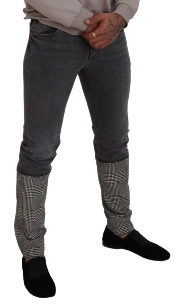 Dolce & Gabbana Gray Cotton Checkered Leg  Denim Jeans