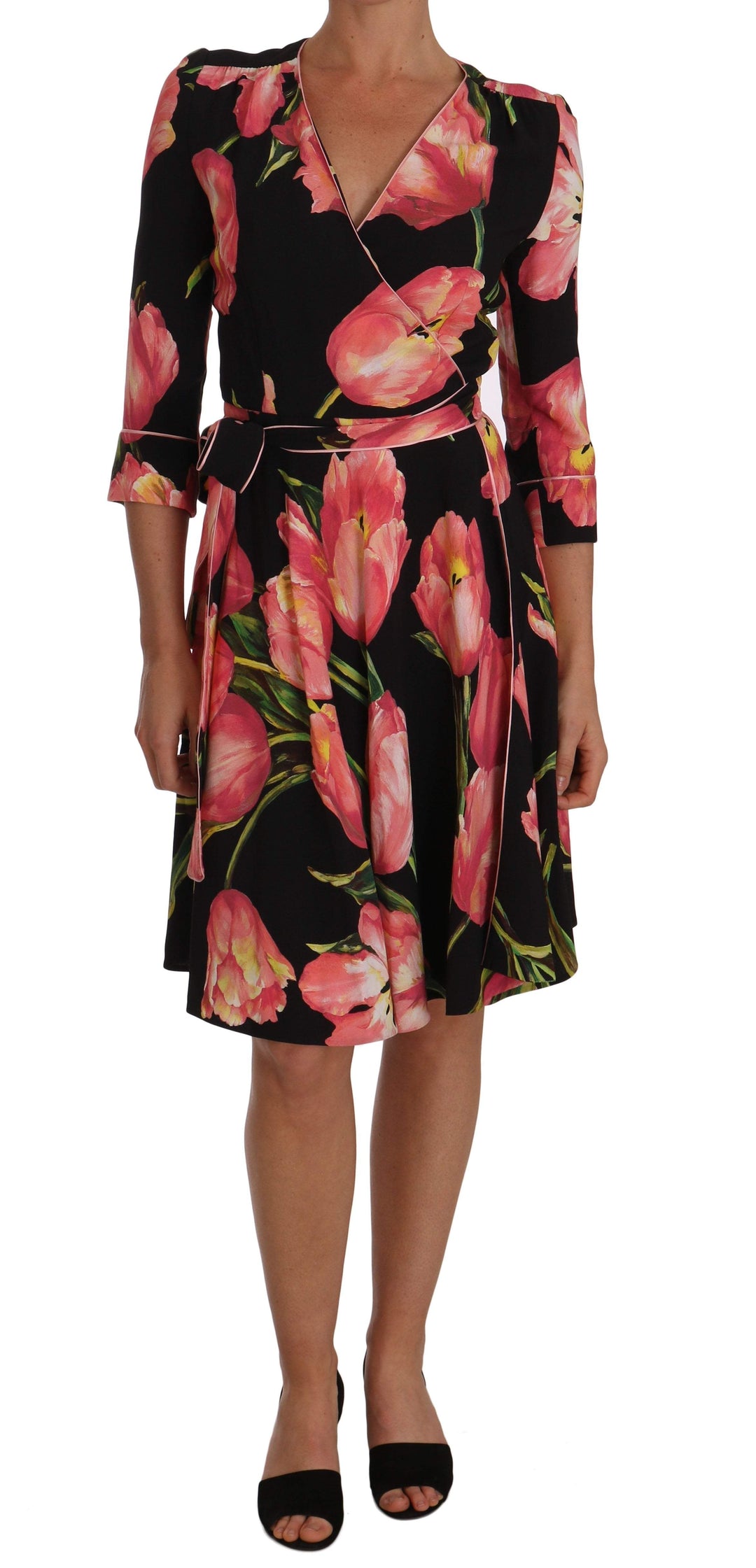 Dolce & Gabbana  Black Pink Tulip Print Stretch Shift Dress #women, Black, Brand_Dolce & Gabbana, Catch, Clothing_Dress, Dolce & Gabbana, Dresses - Women - Clothing, feed-agegroup-adult, feed-color-black, feed-gender-female, feed-size-IT38|XS, Gender_Women, IT38|XS, Kogan, Women - New Arrivals at SEYMAYKA