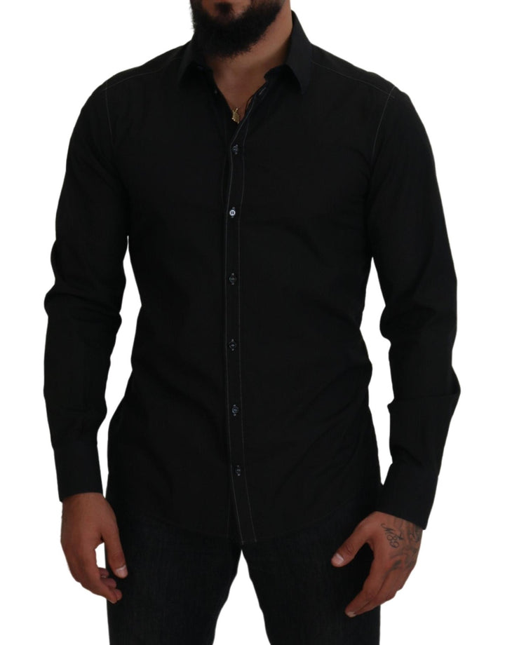 Dolce & Gabbana Black Cotton Collared Long Sleeve GOLD Shirt