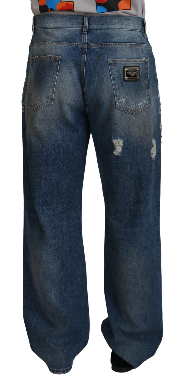 Dolce & Gabbana Blue Cotton Tattered Straight Fit Denim Jeans