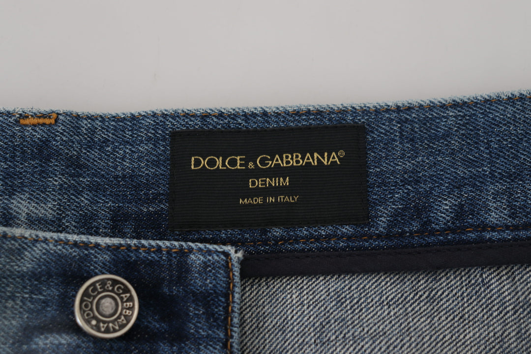 Dolce & Gabbana Blue Cotton Tattered Straight Fit Denim Jeans